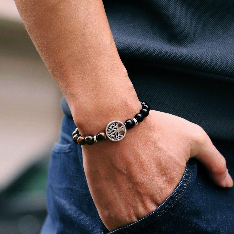 Neues Mode-Lebensbaum-Armband für Herren Zweifarbig Natürliche Tigeraugen Obsidianstein Armband Glücksbringer Roter Howlith Charm Armband Pulsera