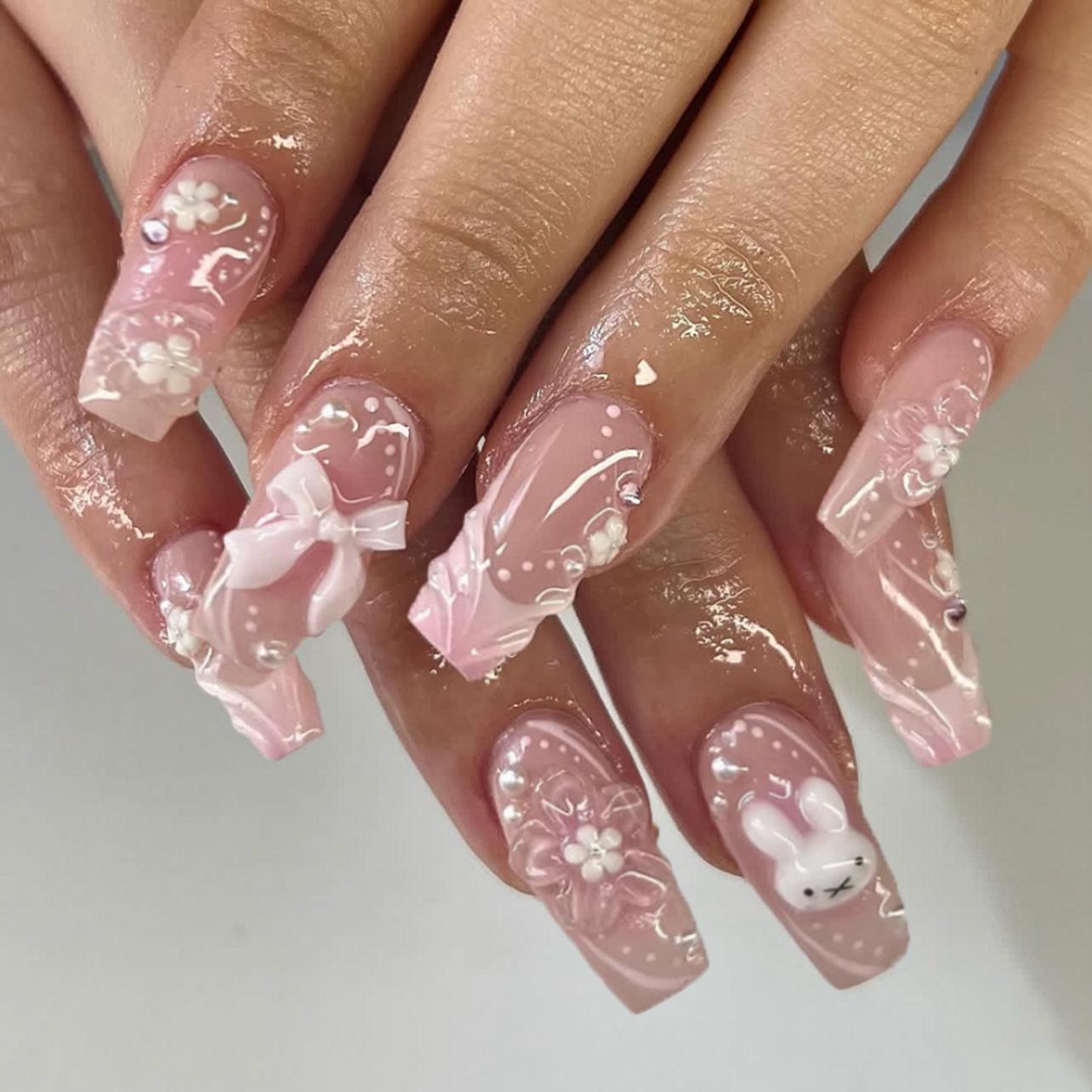 3D Floral Cute Rabbit Bow Wearable Nail Art Fake Nails