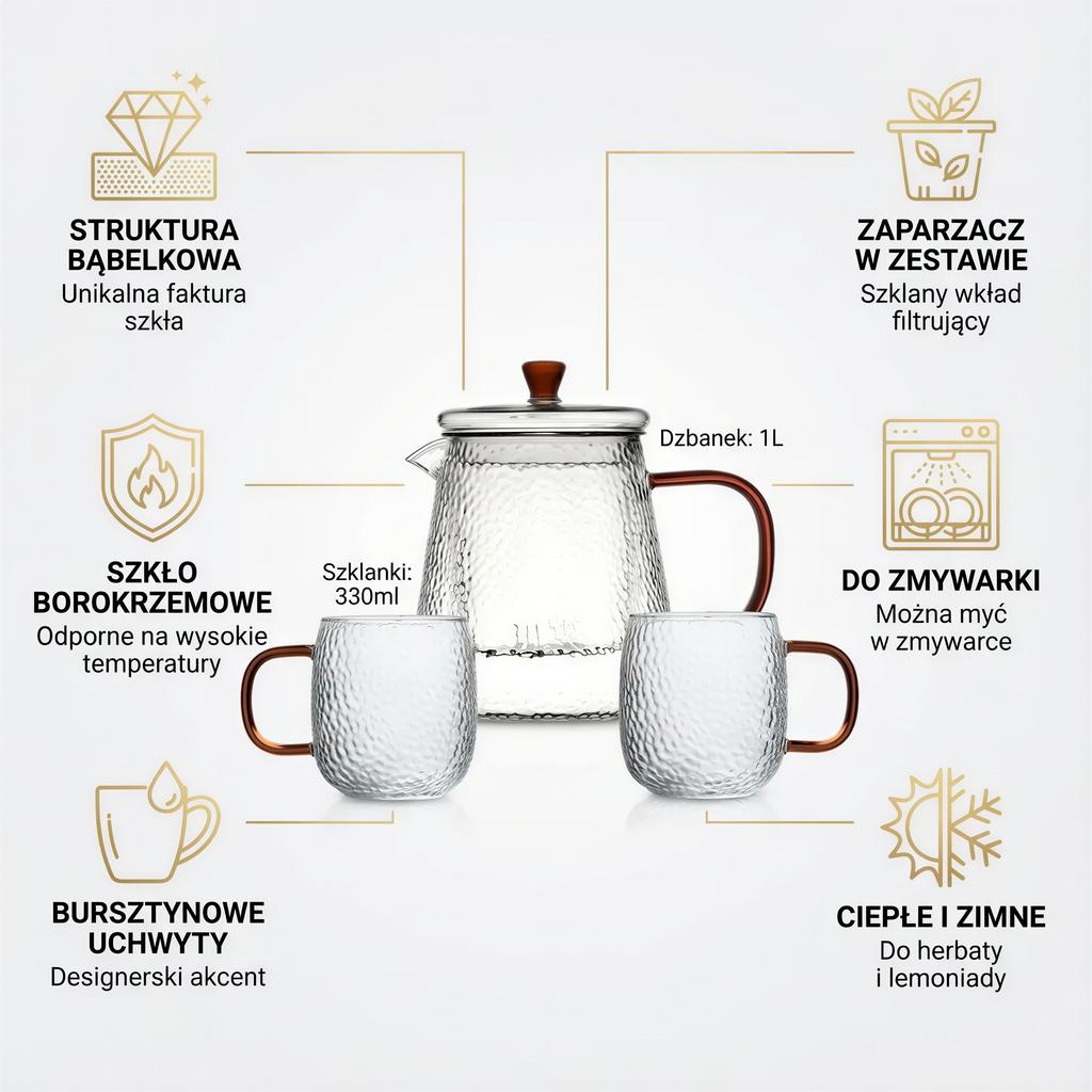GLASS JUG TEA INFuser 1L WITH FILTER 2 GLASSES AMBER EAR