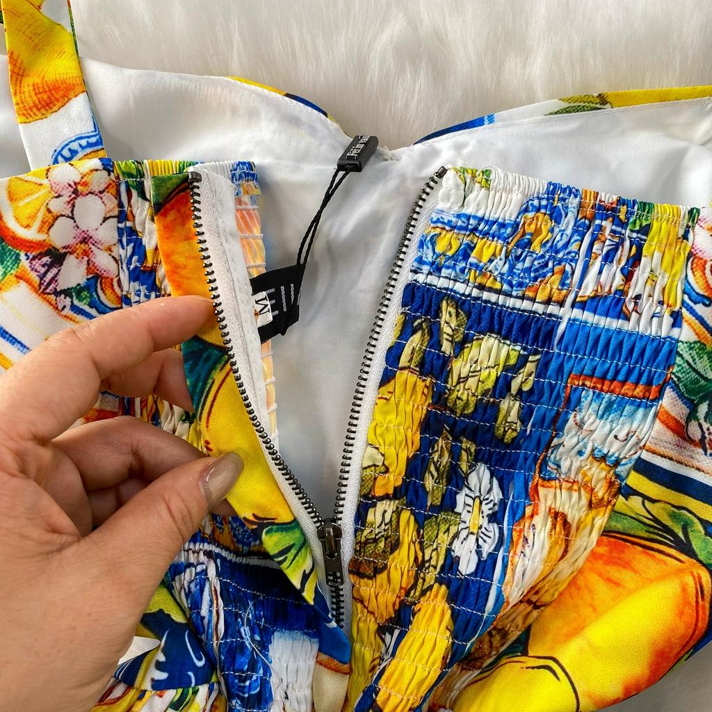 Summer Women Fruit Print Runway Dresses Fashion Spaghetti Strap Bowtie Long Maxi Holiday Party Dresses