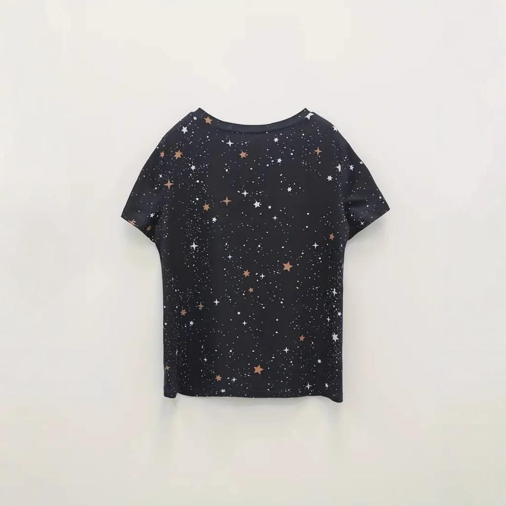 Summer Round Neck 3D Sun and Moon Print Top Fashionable Casual Short Sleeved Women's T-shirts