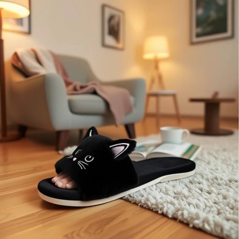 Casual Fluffy Slippers Women Home Flat Cat Cartoon Luxury Designer Shoes Girls Autumn Elegant Indoor Fashion Footwear Large Size