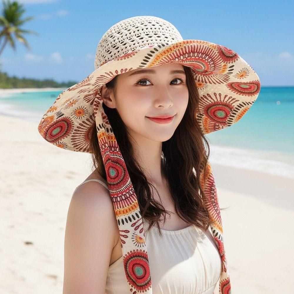 Breathable Beach Straw Hat Exquisite Flower Foldable Flower Sun Hat Large Eaves UV Protection Sun Protection Hat