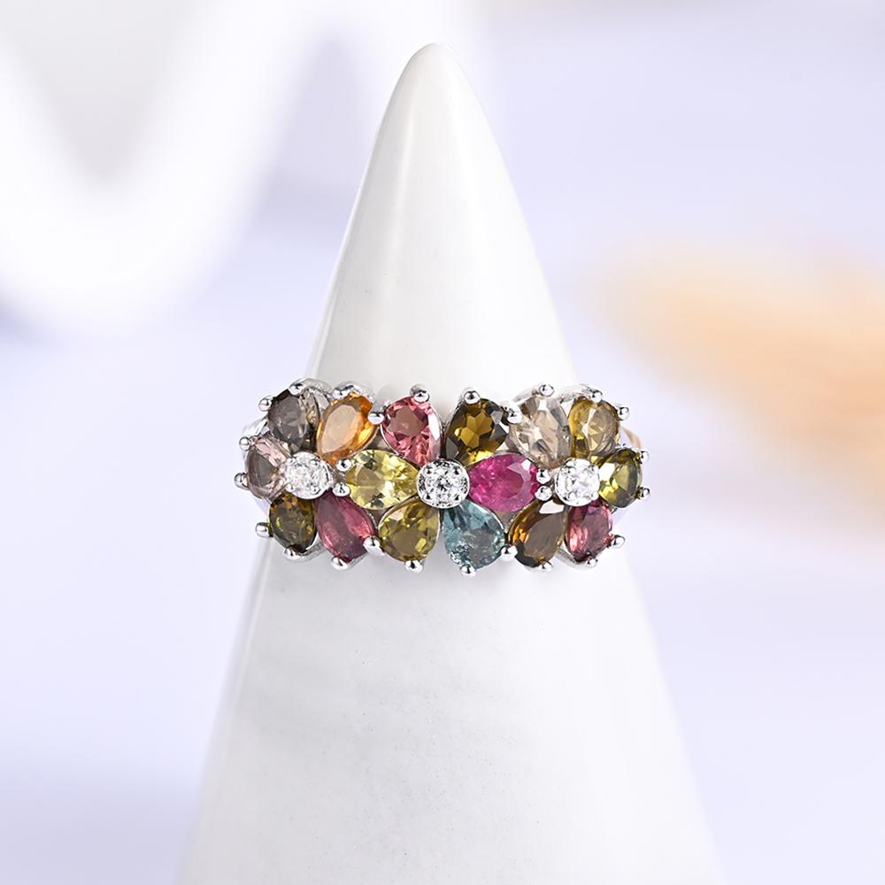 Natural Multi-Tourmaline Women Ring Flower Design 925 Sterling Silver Ring for Wedding Banquet Party Gift