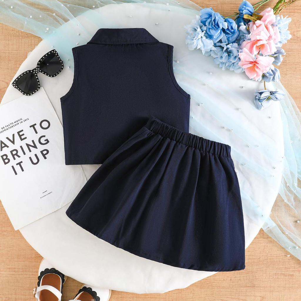 Girls' Pink Vest & Pleated Skirt 2Pcs Casual Outfit