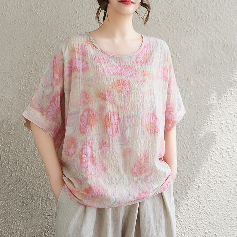 

Футболка свободного покроя из хлопка с коротким рукавом и цветочным принтом, повседневная, свободная, летняя, женская, 2025, топы, одежда розовый