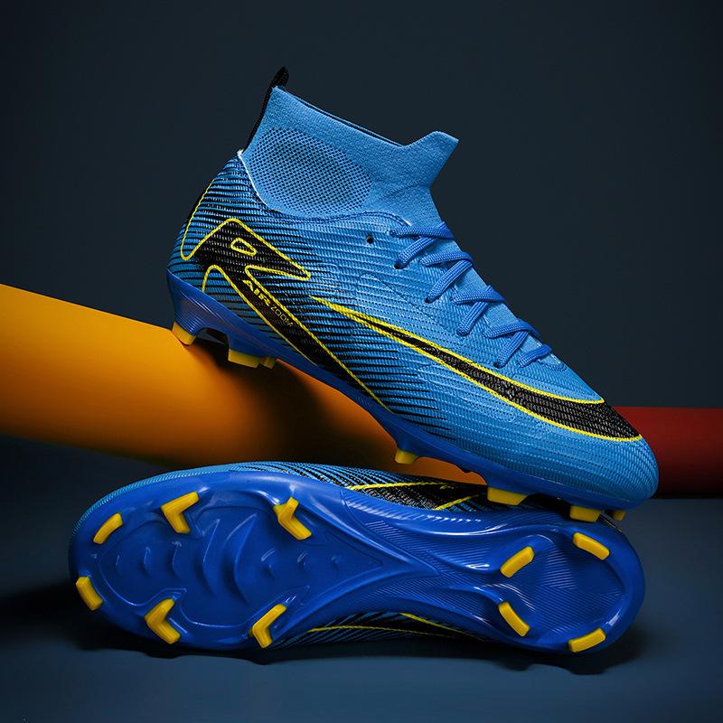 New High-top Student Football Shoes, Fly-woven Socks, Artificial Flat AG Nail Leather Foot Training Shoes for Men and Women