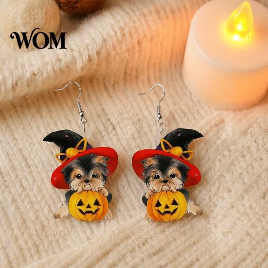 Distinctive Halloween Theme Jewelry Witch Hat Puppy Earrings, Cute Dog Pumpkin Drop Unique Pet Accessories Lightweight Acrylic Jewelry, for