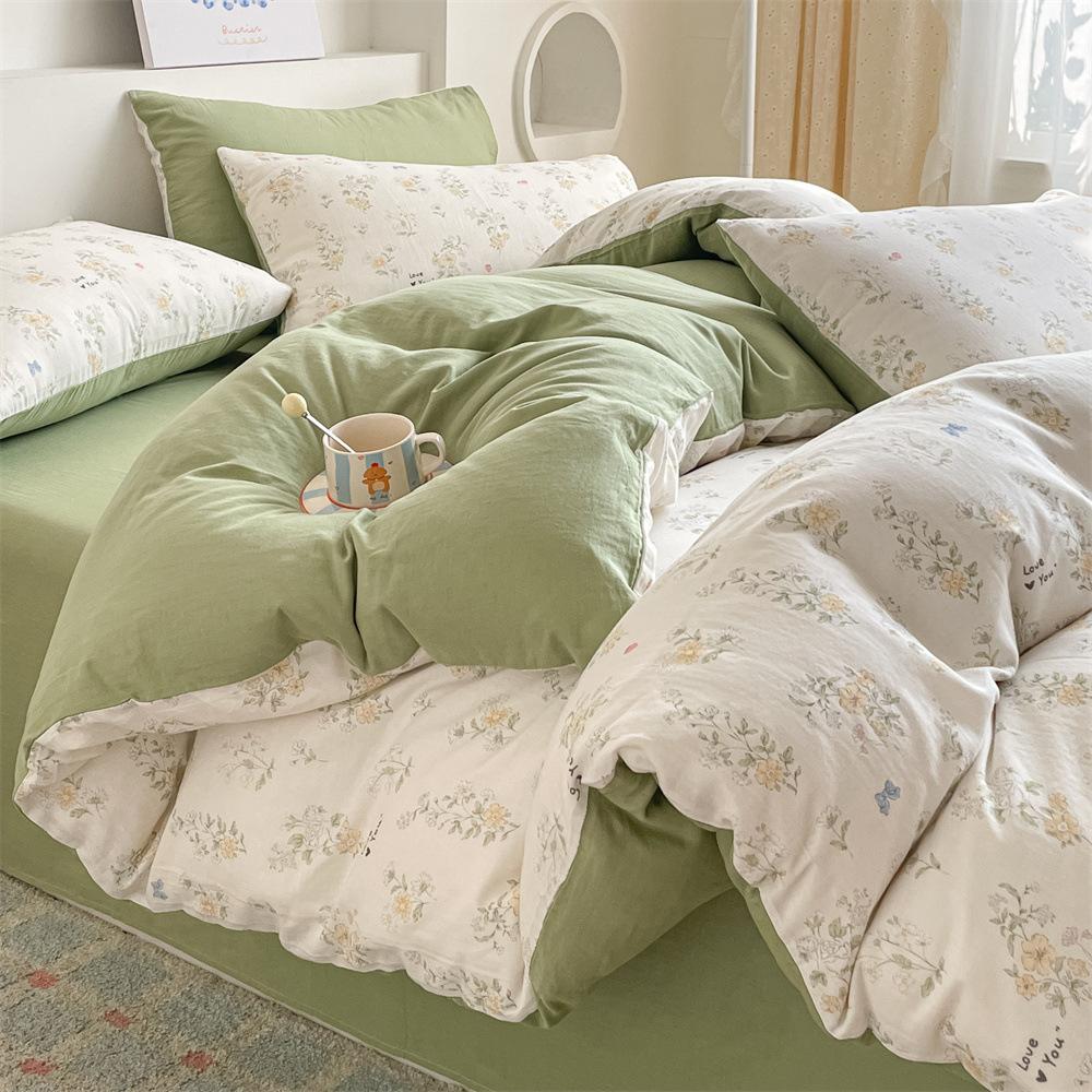 Pure Cotton Class A Maternal And Infant Grade Double-Layer Yarn Four-Piece Set, Summer Breathable Small Floral Dormitory Can Be Washed Without Pilling
