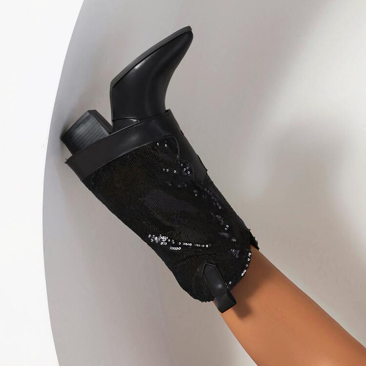 Sequin Cloth Western Boots Women Glitter Silver Gold Chunky High Heels Mid-calf Cowboy Boots Cowgirl Shoes