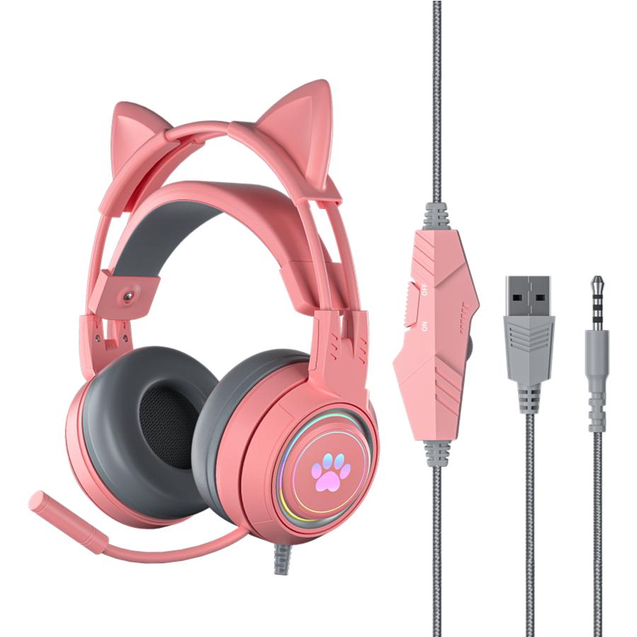 Cute Cat Ear Gaming Headphones with Mic Noise Reduced RGB Pink Girls Headset Gamer Accessories for PS4 Xbox Phone PC Kid Gift