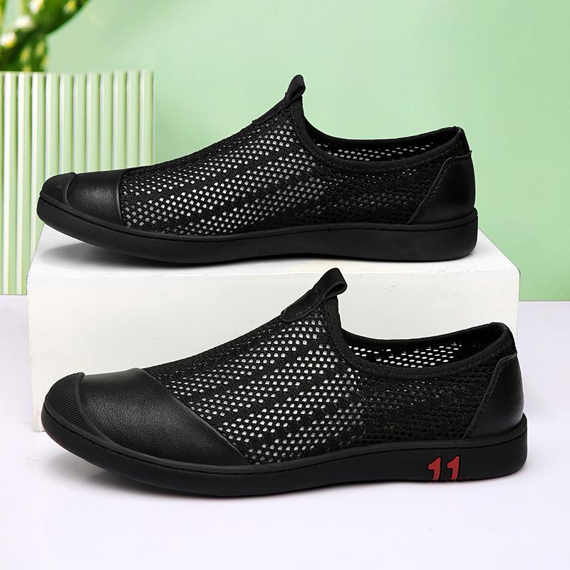 

Summer men s shoes breathable mesh thin mesh shoes soft sole non-slip one-pedal mesh shoes fly-woven large size casual shoes 44 чёрный