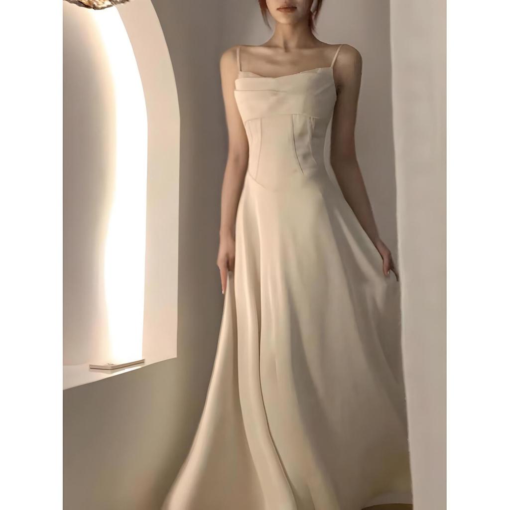 Niche daughter bow dress women's summer dress light mature style small dress temperament waist thin suspender skirt