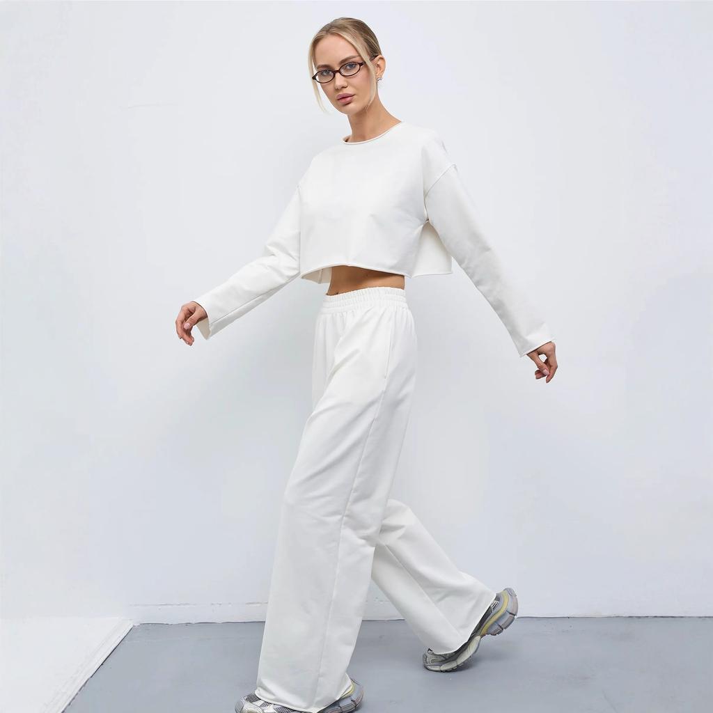 Spring and Summer Women's Casual Suit Solid Color Long Sleeve Crew Neck T-Shirt Elastic Wide Leg Pants Two-piece Set