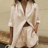 Summer Women's Solid Color Two-Piece Set: Short-Sleeved Shirt with Wide-Leg Pants or Tie-Waist Shorts