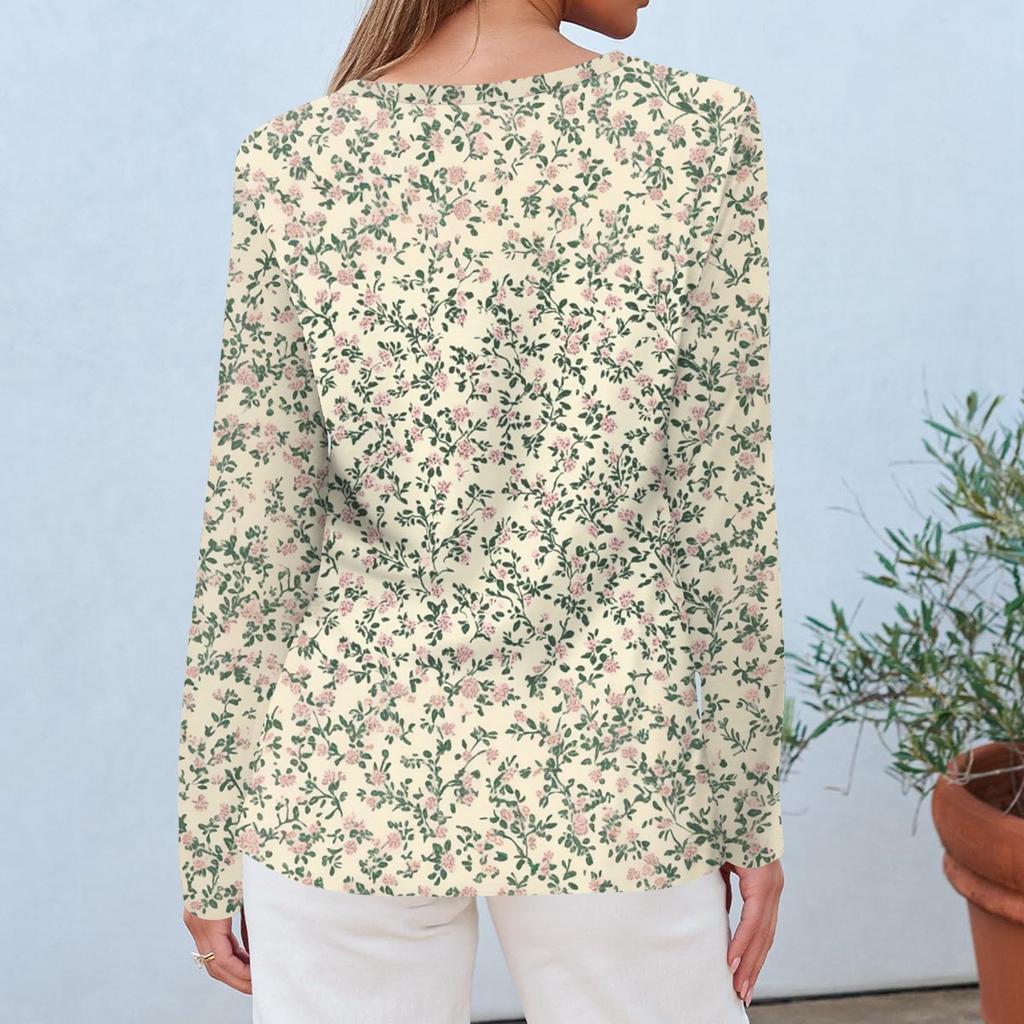Women's Fashion Casual Long Sleeve Flowers Print Round Neck Top