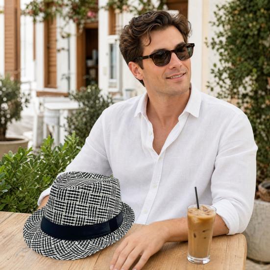 Retro British Style Jazz Hat, Woven Short-Brimmed Straw Hat, Sun Protection Hat for Spring Summer Outdoor Activities