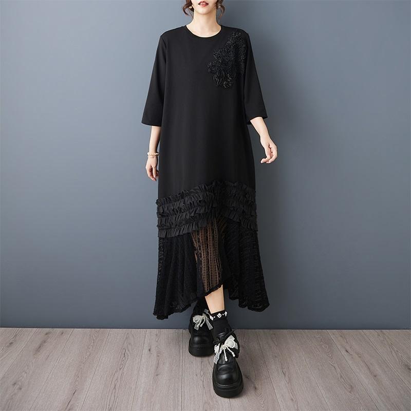 Plus size black cotton vintage floral new in dresses for women casual loose long summer dress
