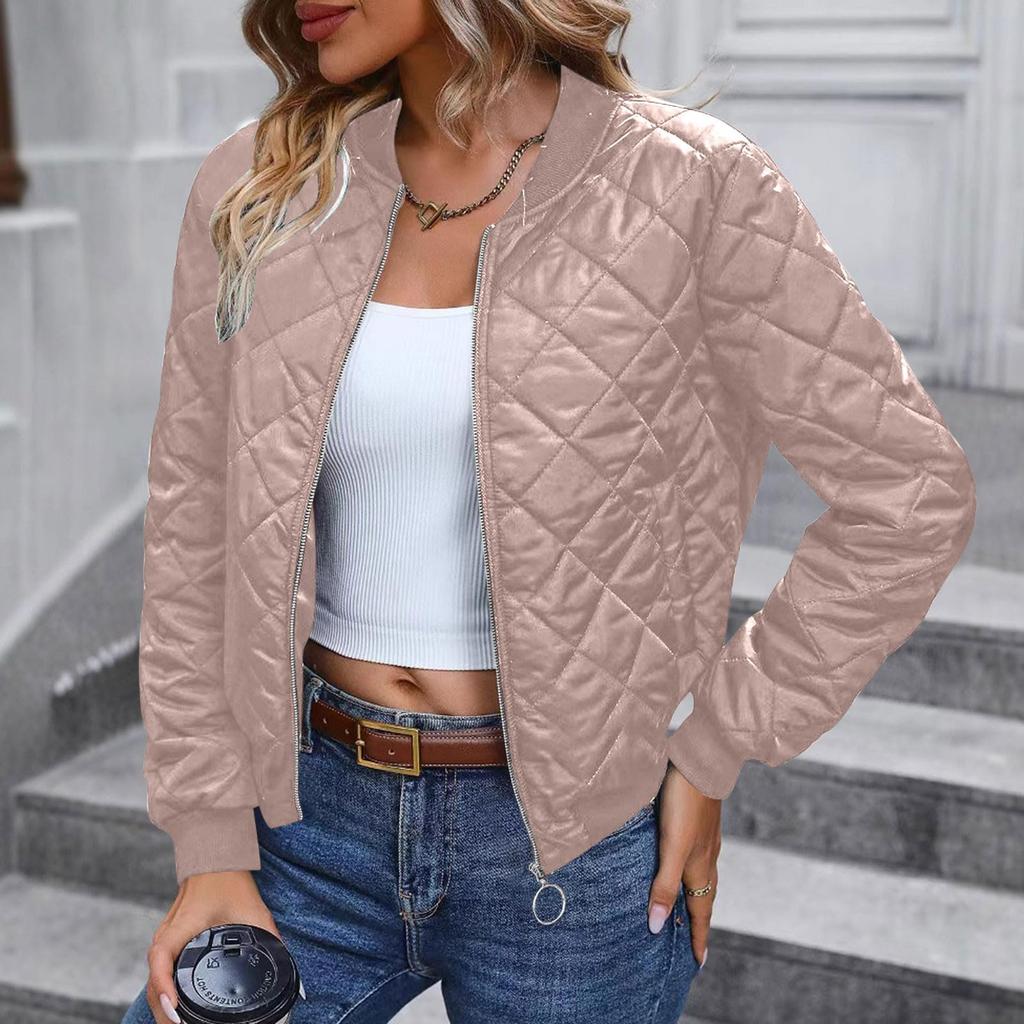 Ladies Zipper Long Sleeve Stand Collar Check Slim Baseball Padded Top Blouse Jacket Coat