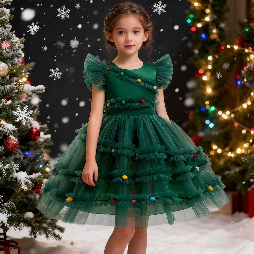 Girls Princess Dress Cute Christmas Tree Mesh Fashion Girls Dress Party Performance Costumes 2-10 Years Kids Clothes