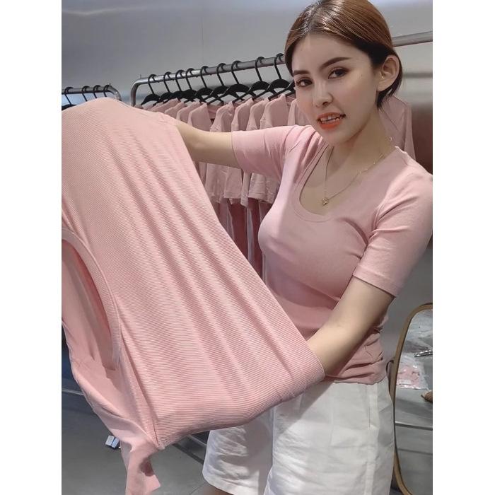 

Basic U-neck front shoulder short-sleeved T-shirt for women s Xia Chunyi large size slightly fat, slim and thin, covering meat and versatile S розовый