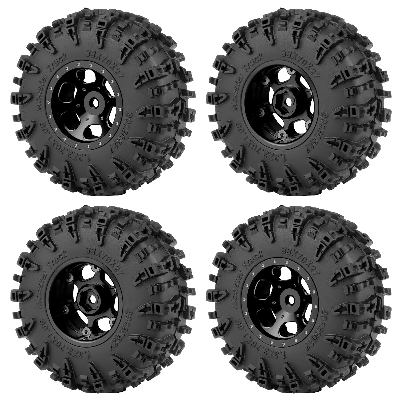 

RCMAZO 4-Piece 1.3 Beadlock Wheel and Tire Set, 70mm Rubber Crawler Tires and 1.3 Aluminum Beadlock Wheel Hubs for 118 TRX4M, 124 SCX24, and FCX24