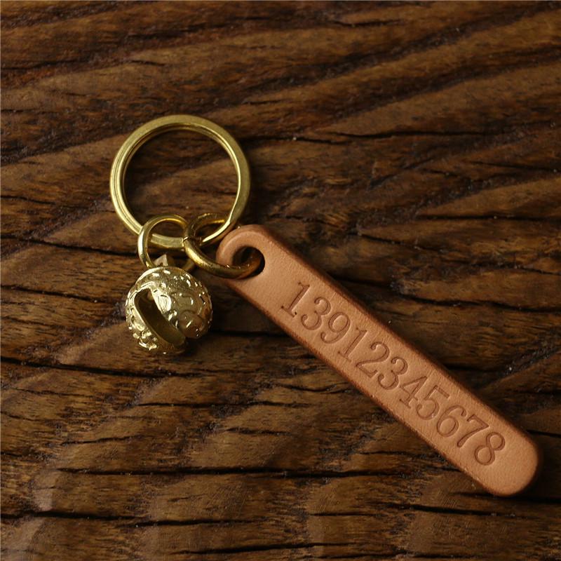 Engraved Retro Cowhide Car Keychain with Custom Phone Number Tag
