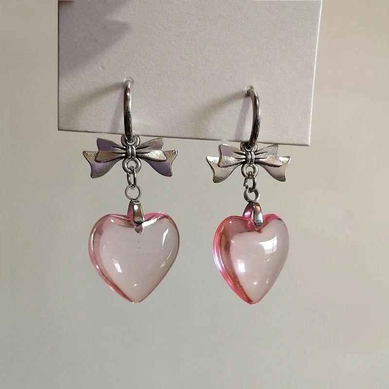 Biżuteria Vintage Kryształowe Kolczyki Koła z Sercem Urocze Koreańskie Charmsy Różowe Kolczyki z Kokardką Punkowe Akcesoria Modowe Gotyk