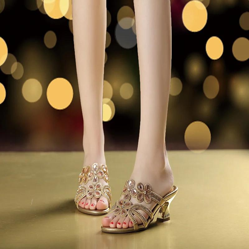 Fashion Summer Cute Sweet Diamond Crystal Mid Heel Open Toe Sandals Women's Casual Gold Party Nightclub Comfortable Sandals