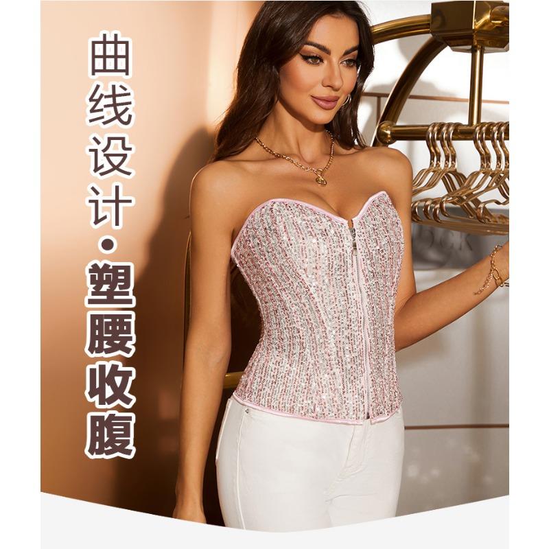 Women European Style Zipper Sequined Boned Waist Cincher Shaping Corset Top