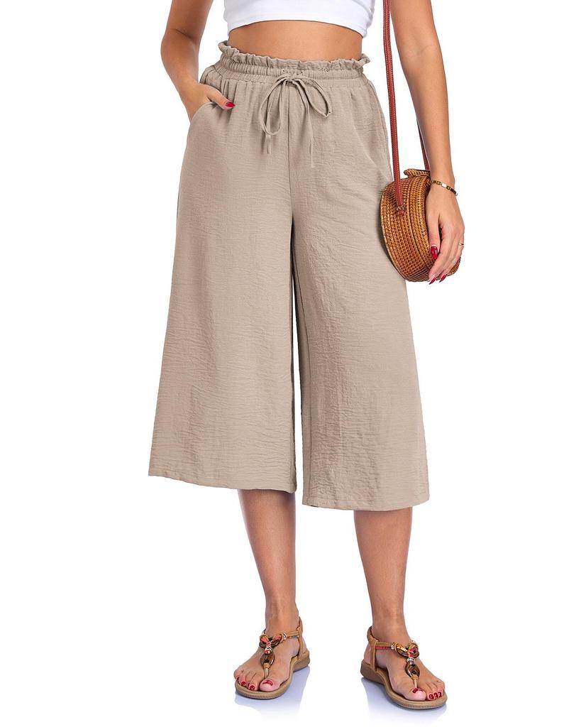 Women's Solid Color Wide-Leg Cropped Pants with Elastic Waistband and Pockets
