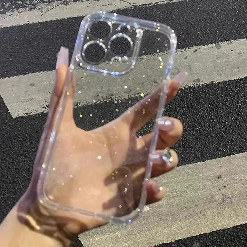 New Luxury Bling Glitter Clear Phone Case For iPhone 15 13 14 16 Pro Max Plus Shockproof Transparent Soft Lens Protection Cover