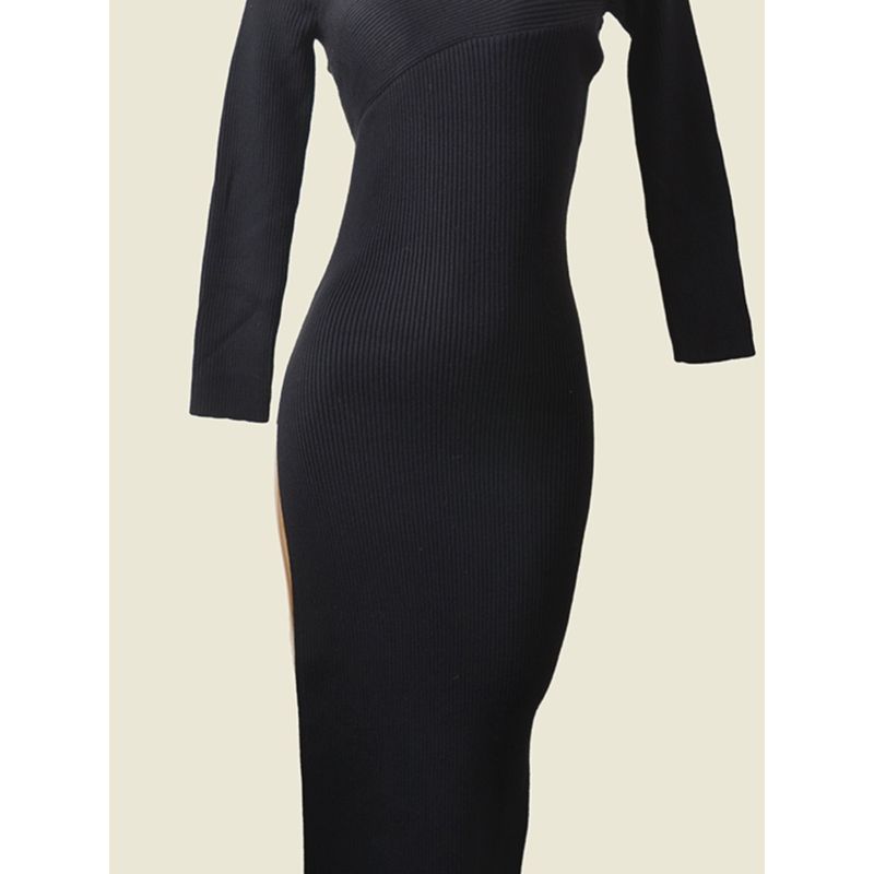 Foreign Trade Women's Clothing Fashion Wind Sexy V-neck Knitting Dress Silm Slim Looking Mid Length Long Length Sheath High Slit Base