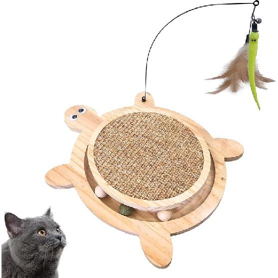Petest Interactive Cat Toy Cat Scratch Toy Natural Sisal Cat Scratcher with Catnip Balls, Cat Scratch Pad with Cat Toy Roller, Turtle Design