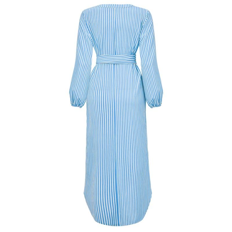 Jarní a podzimní dámské šaty Ležérní Výstřih s proužkovanou kravatou v pase Košilové šaty s dlouhým rukávem