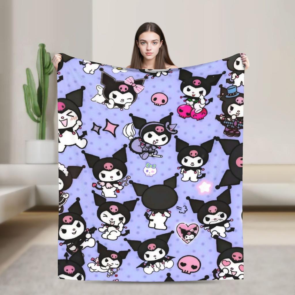 Purple Kuromi Blankets Kawaii Cartoon Wool Awesome Breathable Throw Blankets for Bedspread Autumn/Winter