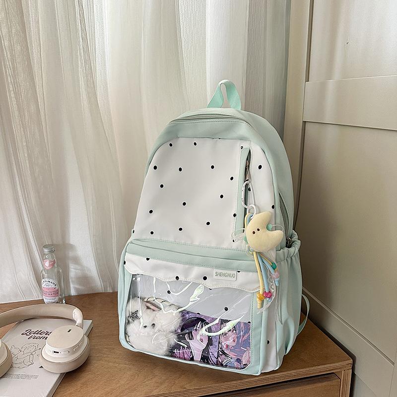 Japanese new high-value, fresh, sweet and cute polka dot backpack, lightweight spring outing backpack for junior high school students