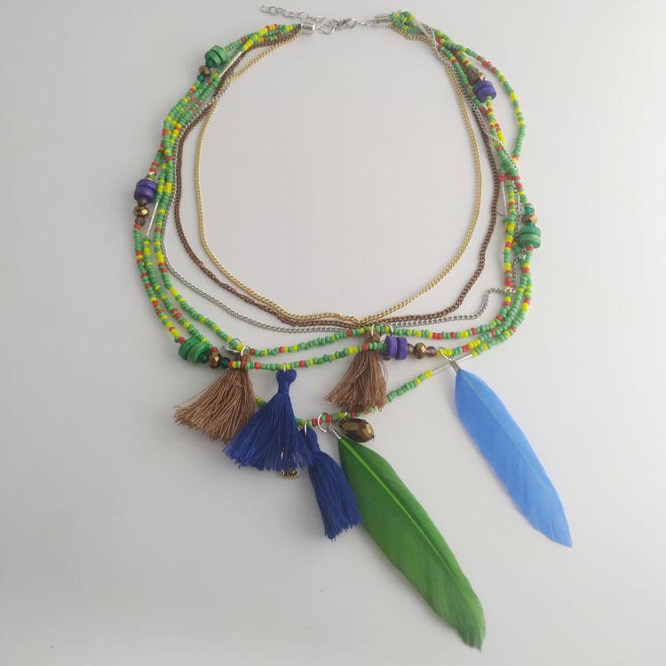Bohemian Multi-layer Beaded Feather Necklace - Handmade European & American Style Jewelry