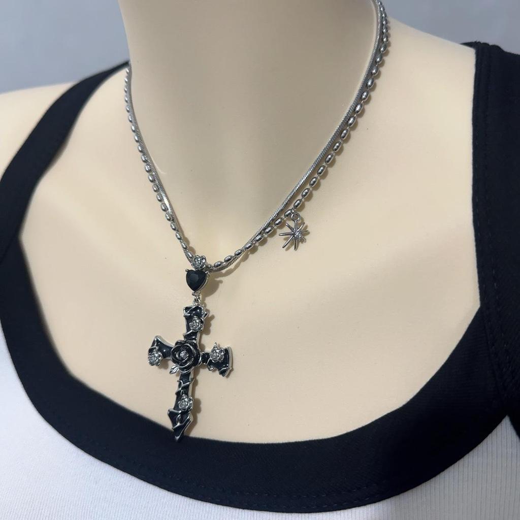 Y2K Gothic Style Black Beaded Cross Necklace & Cool Girl Sweatshirt Accessory