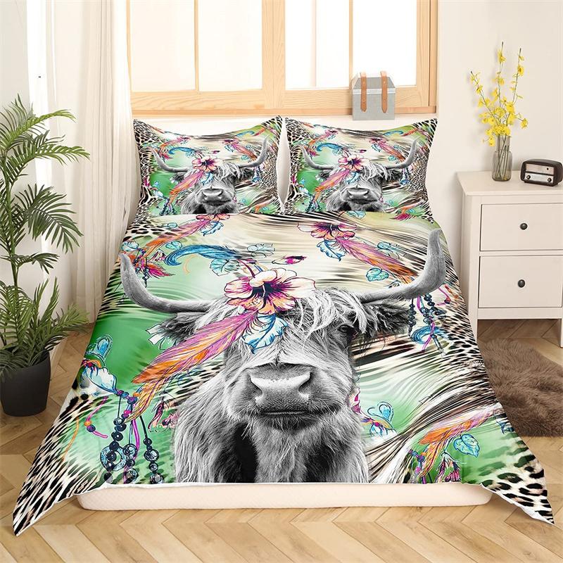 Highland Cow Duvet Cover Western Farm Animal Bedding Set Full King For Boys Girls Microfiber Floral Bull Cattle Comforter Cover