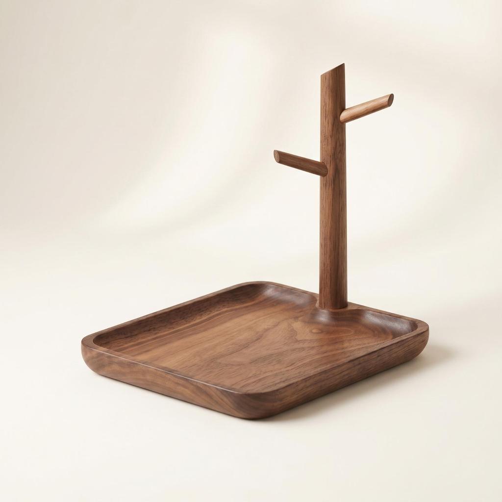 Wooden Organizer with Hooks Compact Entryway Tray Post Wood Grain Tabletop Storage