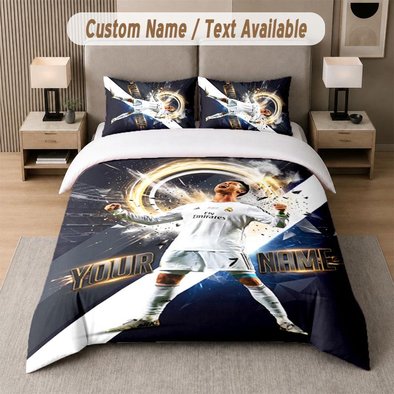 Set Biancheria da Letto Personalizzato Modello Cristiano Ronaldo, Stampa Nome Testo 1 Copripiumino più 2 Federe Tessile per la Casa