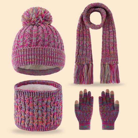 3Pcs/Set Kids Hat Scarf Gloves Set Rainbow Twist Texture Plush Ball Decor Knitting Hat