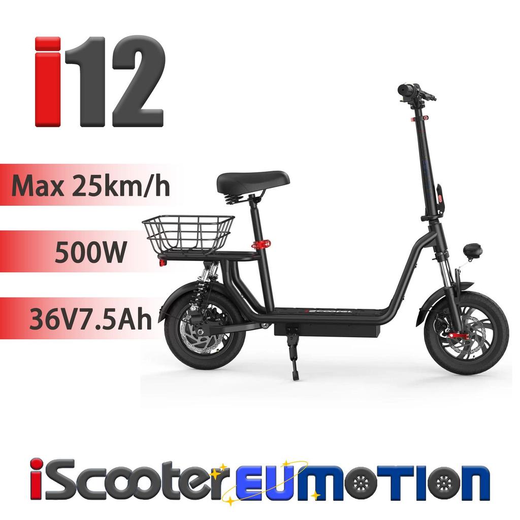 iScooter i12 City Commuter Electric Scooter for Adults 500W, 36V7.5Ah, LED Display, Dual Suspension, 12" Tires, Disc Brakes, Black Foldable E-Scooter