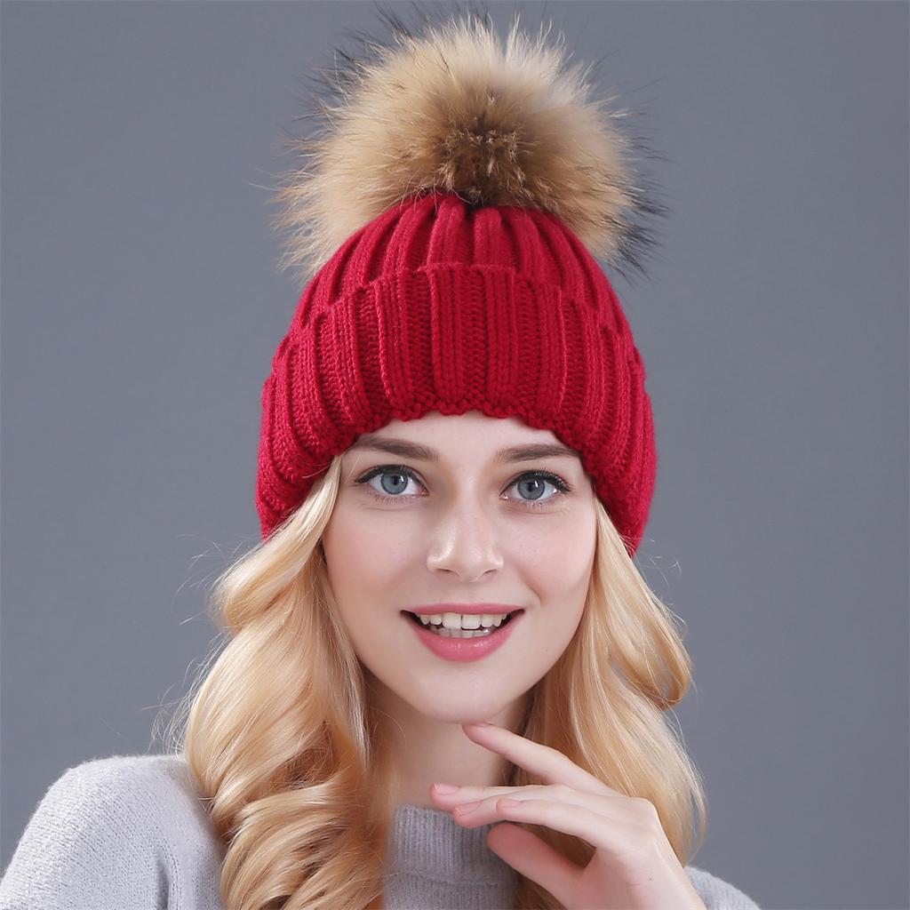 Xthree Berretto Invernale in Maglia con Pompon in Vera Pelliccia per Donna Cappello Berretti Cappellini Nuovissimo Spesso Cappello Femminile Cappellini Berretti