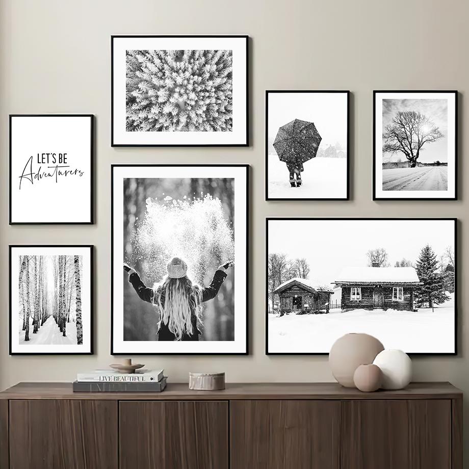 

Черно-белый зимний лесной дом с зонтиком для девочек, плакаты на скандинавскую тему и принты, настенная живопись на холсте, настенные панно для гостиной