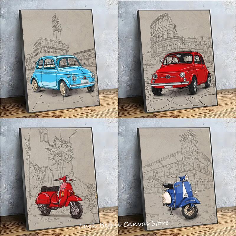 Italienischer Stil Berühmtes Gebäude Hintergrund Fiat 500 Rot Gelb Vespa Poster Druck Wandkunst Bild Leinwandmalerei Zimmer Heimdekor