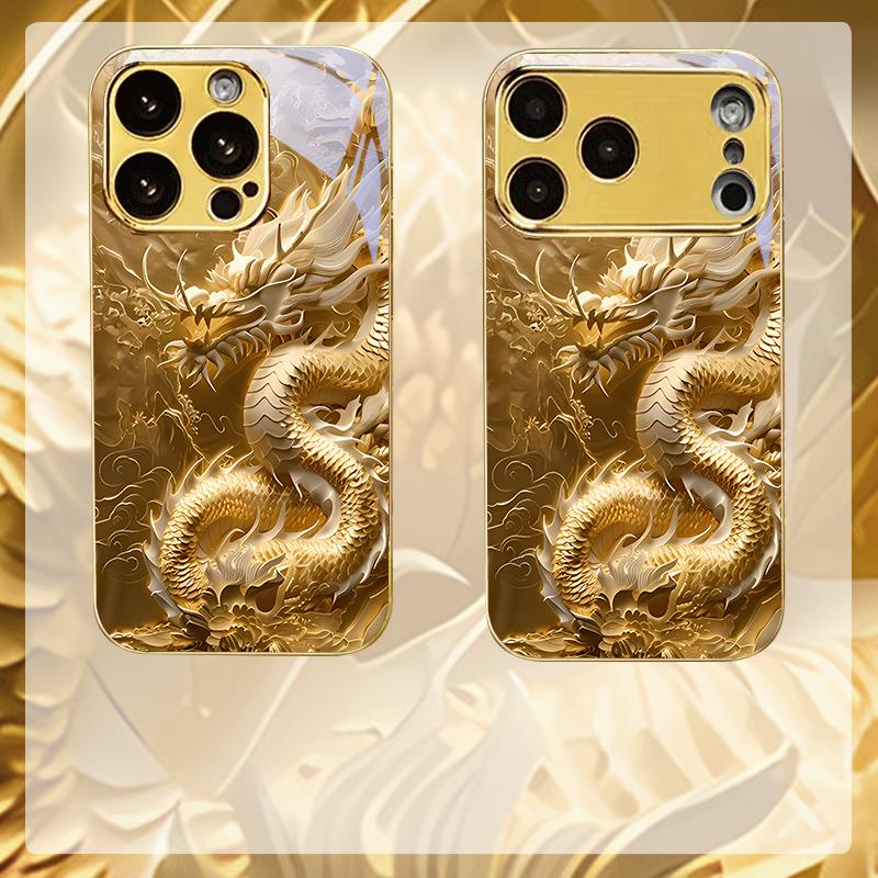 The Eastern Dragon Electroplated Golden Phone Case For iPhone 18 17 16 15 14 13 12 11 Pro Max Plus 16E 17Air 7 8 Xs Glass Cover