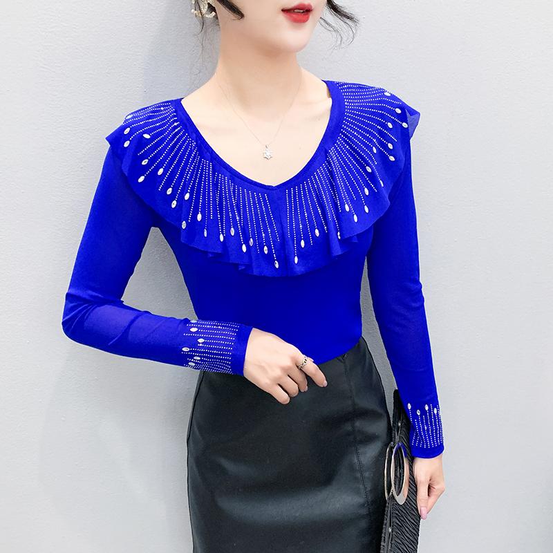 

Весна Осень Женская Футболка с Рюшами и Стразами Горячей Фиксации Элегантные Футболки с Длинным Рукавом Приталенные Женские Топы 3XL синий