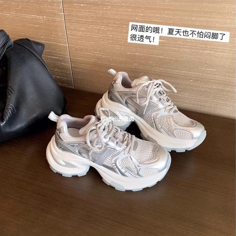 [Shei Su Yinyin] Paris Old Magazine~ Silver and White Mesh Heightening Platform Sports and Leisure Shoes Female Dad Shoes